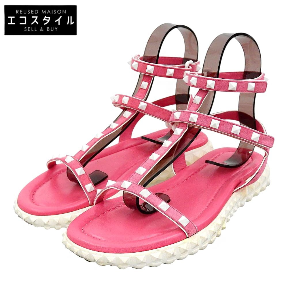 Valentino Garavani ヴァレンティノガラヴァーニ ロックスタッズ アンクルベルト サンダル レディース ピンク ホワイト39 1/2 PW2S0F77 シューズ