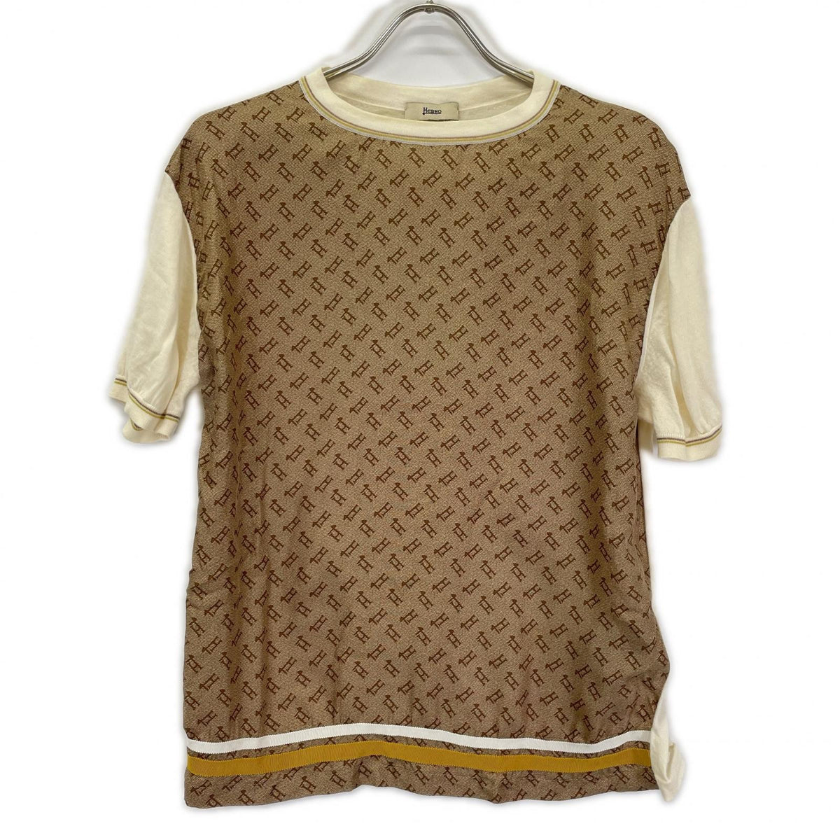 HERNO MG0001D-70028-1033 brown H-monogram knit-panel T-shirt top