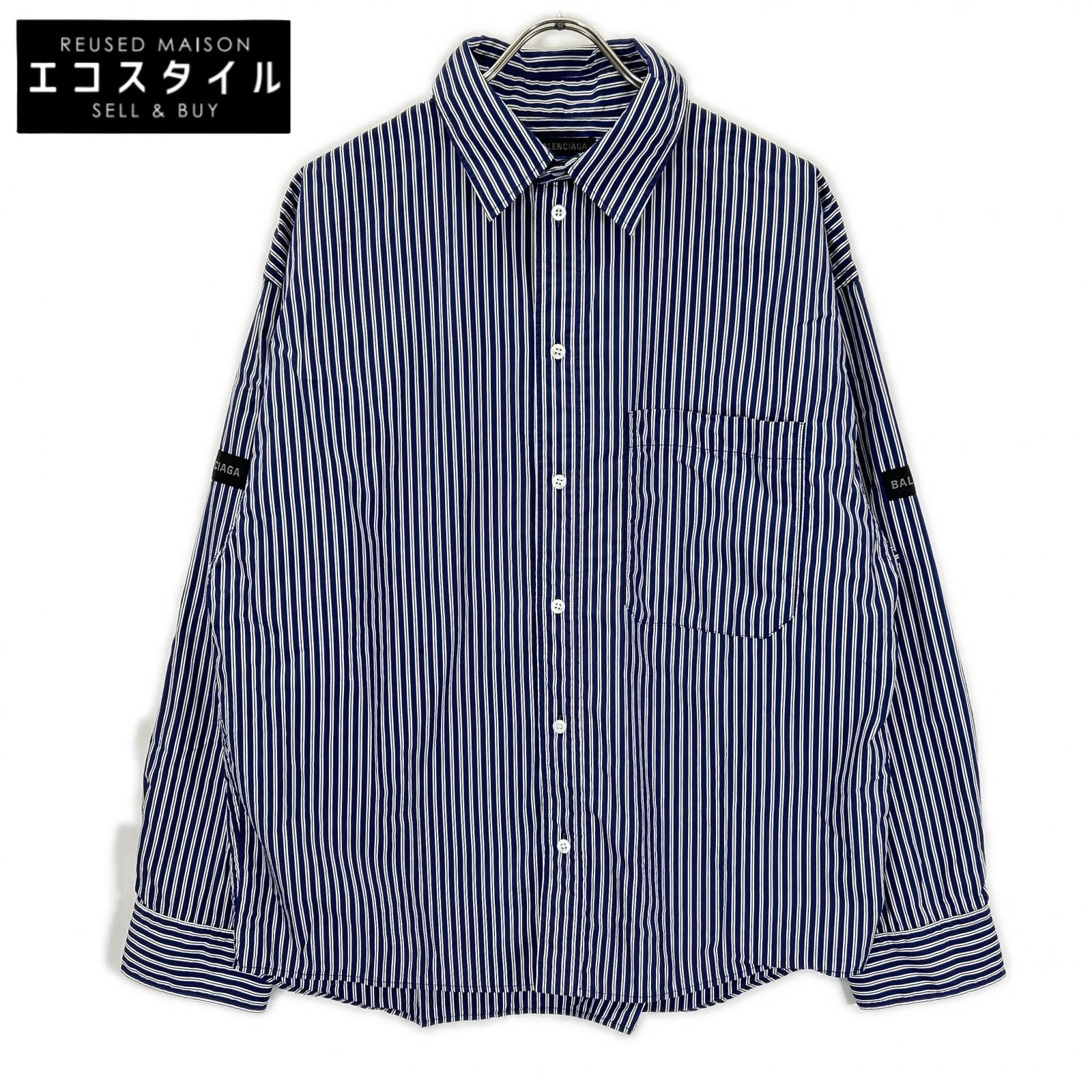 BALENCIAGA バレンシアガ 25年 857814 ブルー ロゴオーバーサイズシャツ トップス
