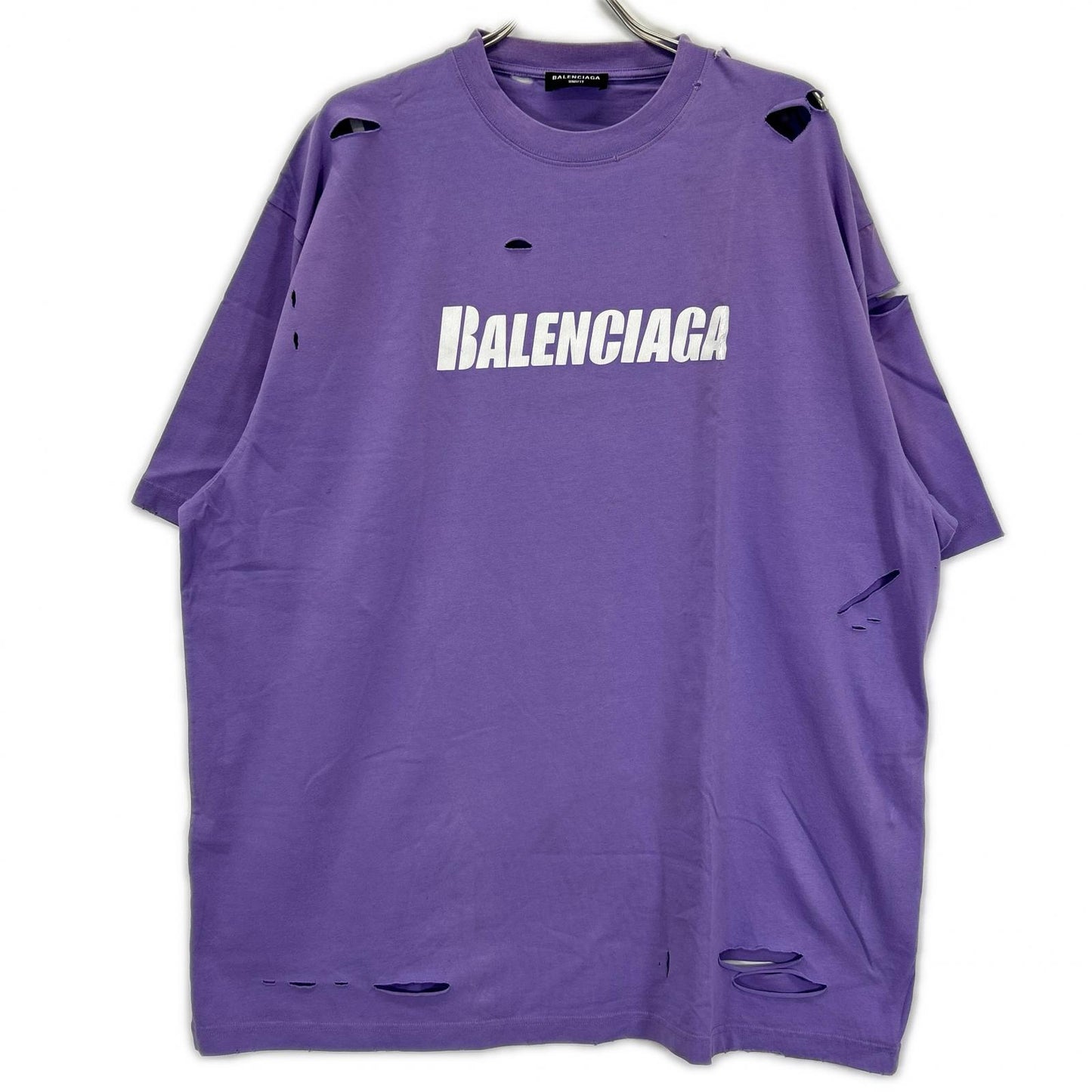 BALENCIAGA バレンシアガ 21年 651795 パープル デストロイ加工 Tシャツ トップス