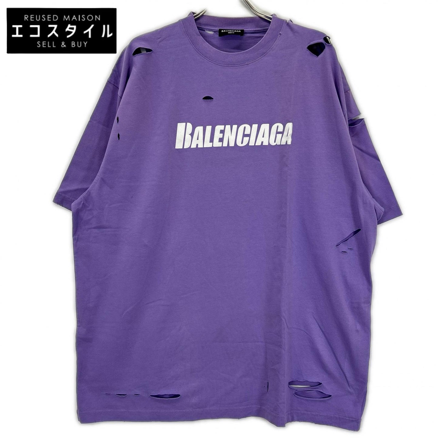 BALENCIAGA バレンシアガ 21年 651795 パープル デストロイ加工 Tシャツ トップス