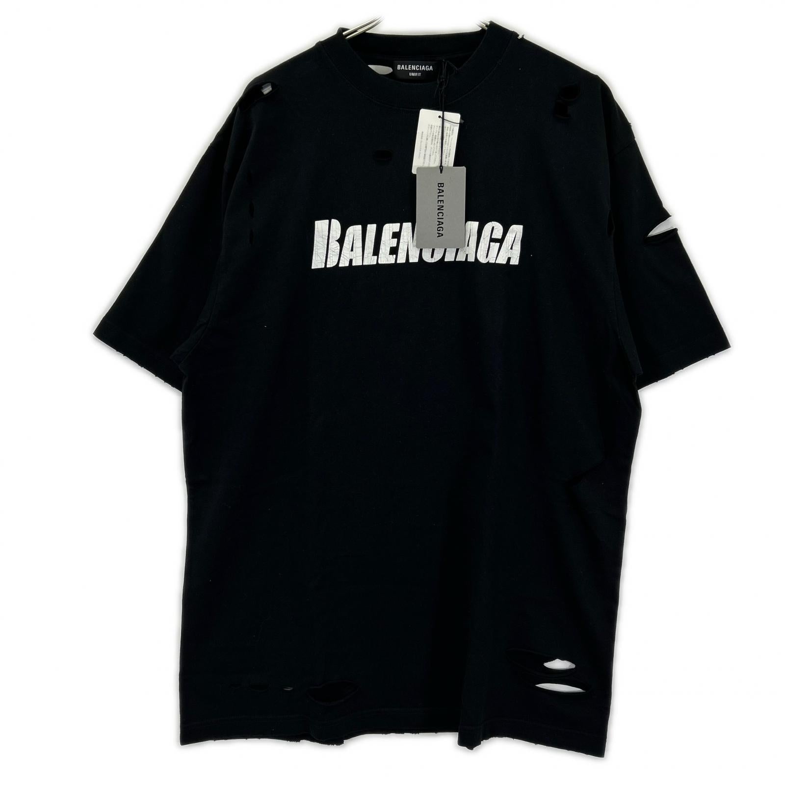 BALENCIAGA バレンシアガ 21年 651795 ブラック デストロイ加工 Tシャツ トップス