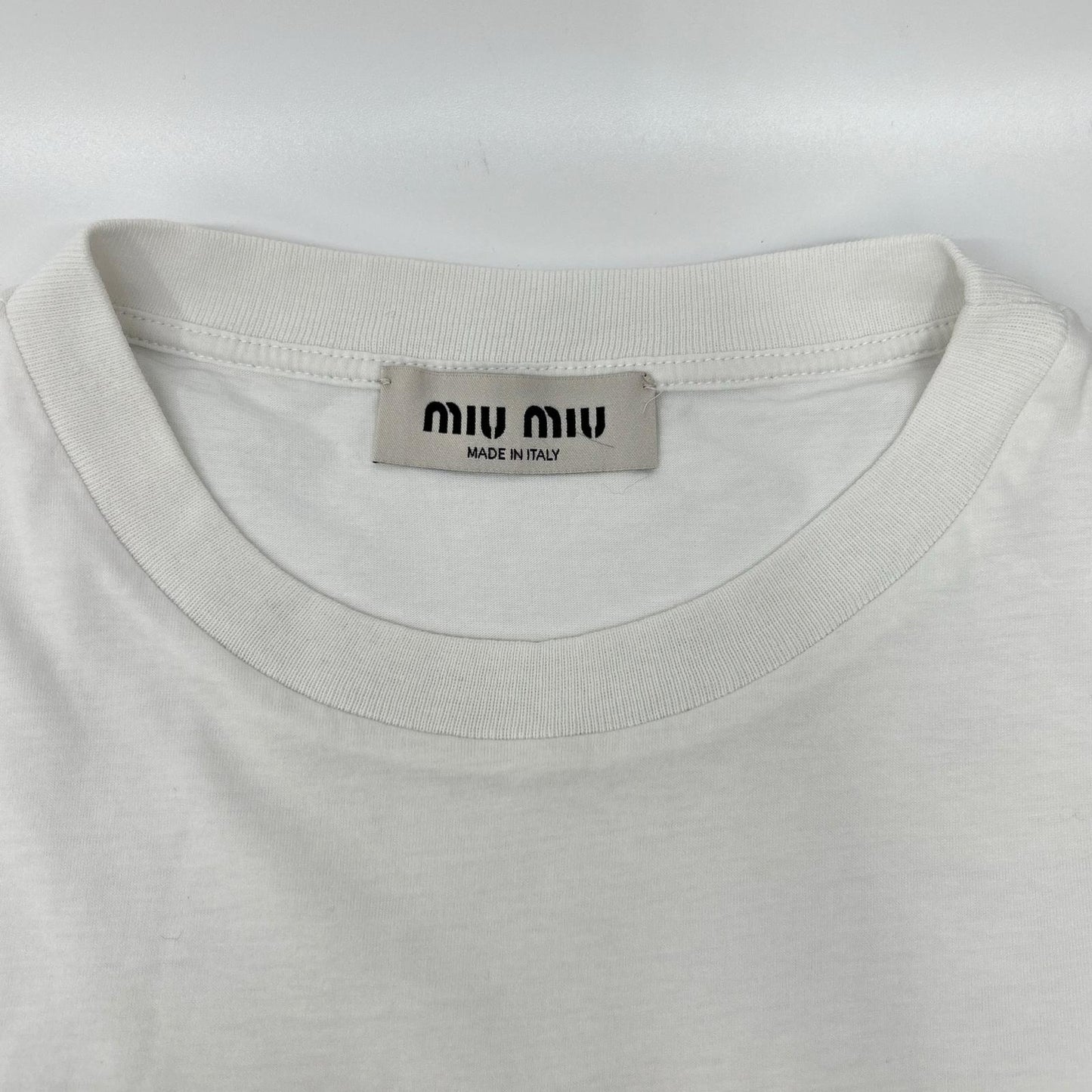 MIUMIU ミュウミュウ 23年 MJN500 ホワイト コットン ロゴ刺繍 ジャージー Tシャツ トップス