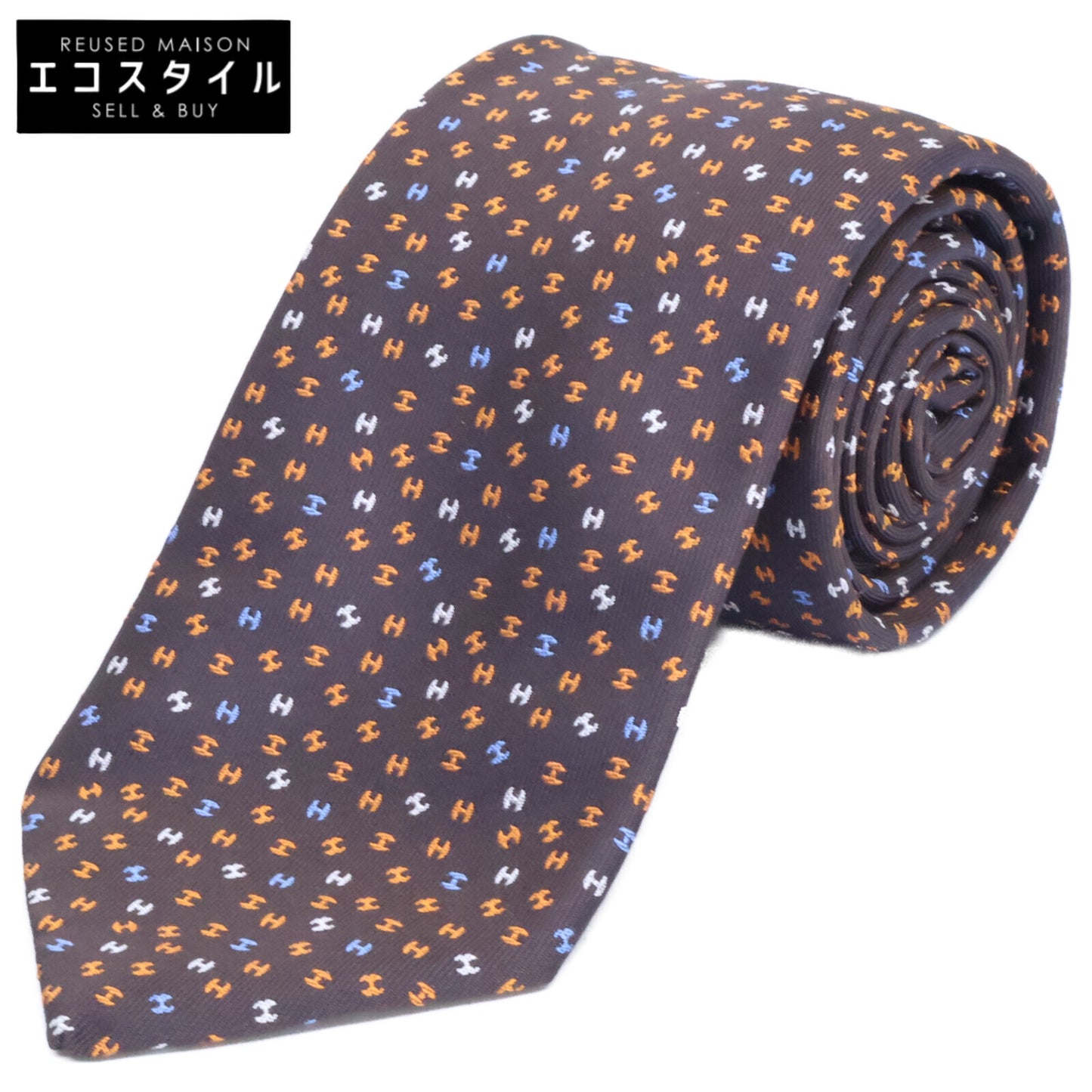 HERMES エルメス 【美品】659282T Hロゴ 総柄 シルク ネクタイ