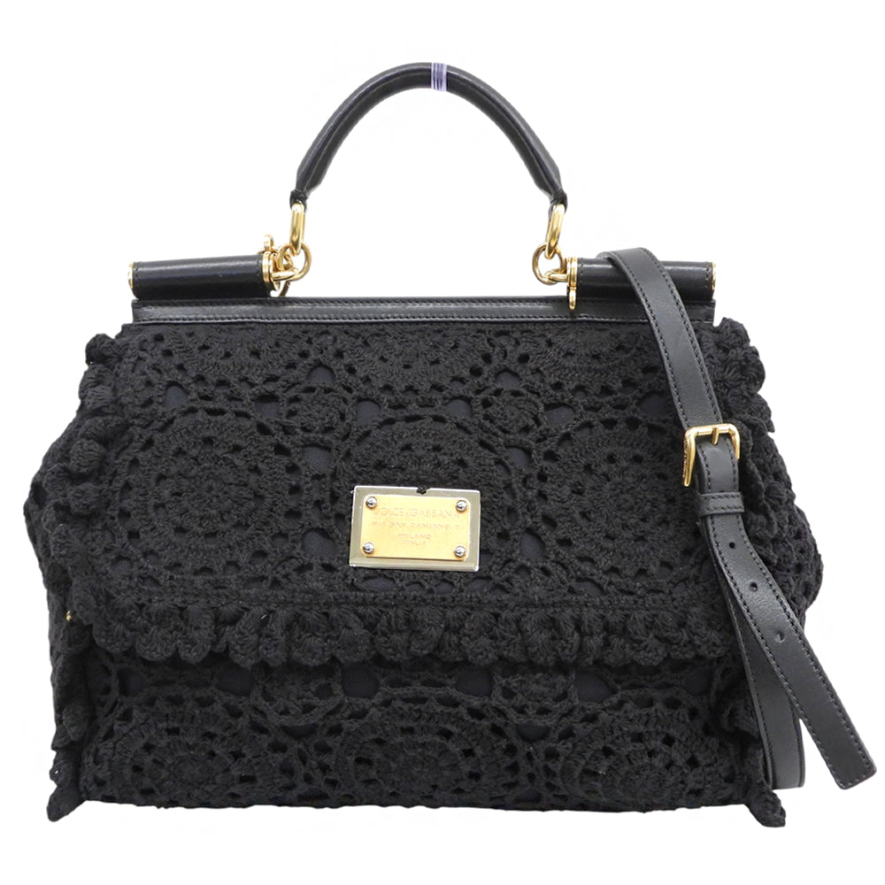 DOLCE&GABBANA ドルチェアンドガッバーナ シシリー カットワークレース レザーハンドル 2WAYバッグ ハンドバッグ ショルダー ブラック ハンドバッグ