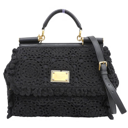 DOLCE&GABBANA ドルチェアンドガッバーナ シシリー カットワークレース レザーハンドル 2WAYバッグ ハンドバッグ ショルダー ブラック ハンドバッグ