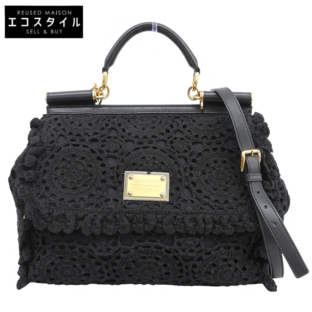 DOLCE&GABBANA ドルチェアンドガッバーナ シシリー カットワークレース レザーハンドル 2WAYバッグ ハンドバッグ ショルダー ブラック ハンドバッグ