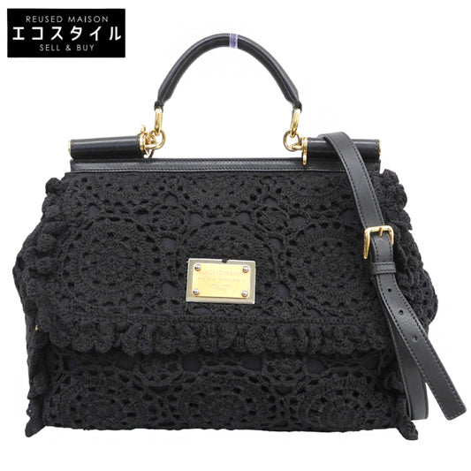 DOLCE&GABBANA ドルチェアンドガッバーナ シシリー カットワークレース レザーハンドル 2WAYバッグ ハンドバッグ ショルダー ブラック ハンドバッグ
