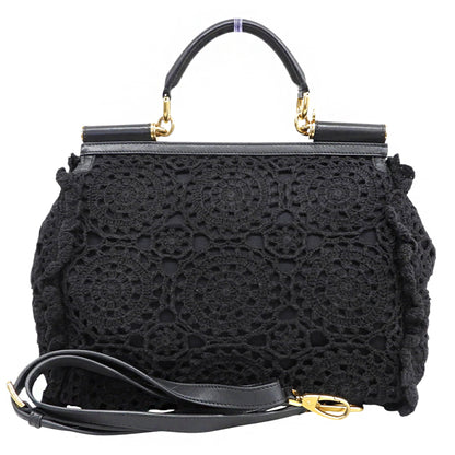 DOLCE&GABBANA ドルチェアンドガッバーナ シシリー カットワークレース レザーハンドル 2WAYバッグ ハンドバッグ ショルダー ブラック ハンドバッグ