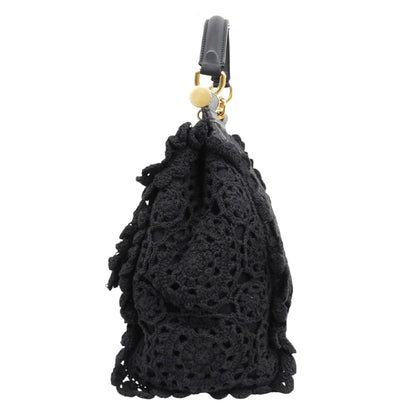 DOLCE&GABBANA ドルチェアンドガッバーナ シシリー カットワークレース レザーハンドル 2WAYバッグ ハンドバッグ ショルダー ブラック ハンドバッグ