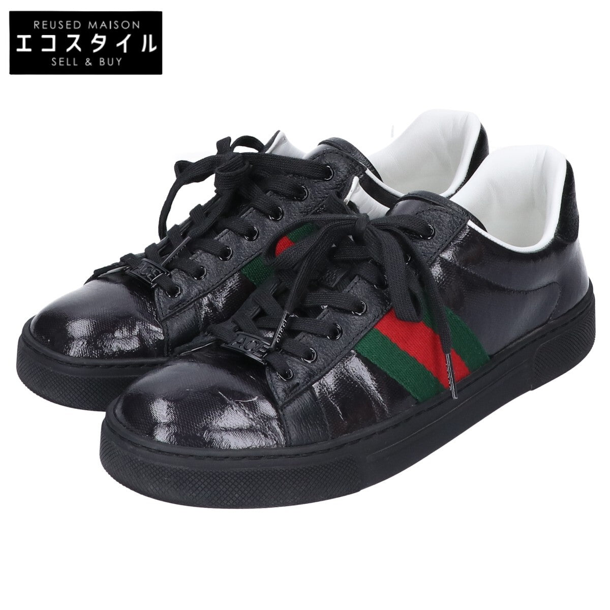 GUCCI グッチ 760774 ブラック ウェブ ストライプ ウィメンズ スニーカー エース レザー シューズ