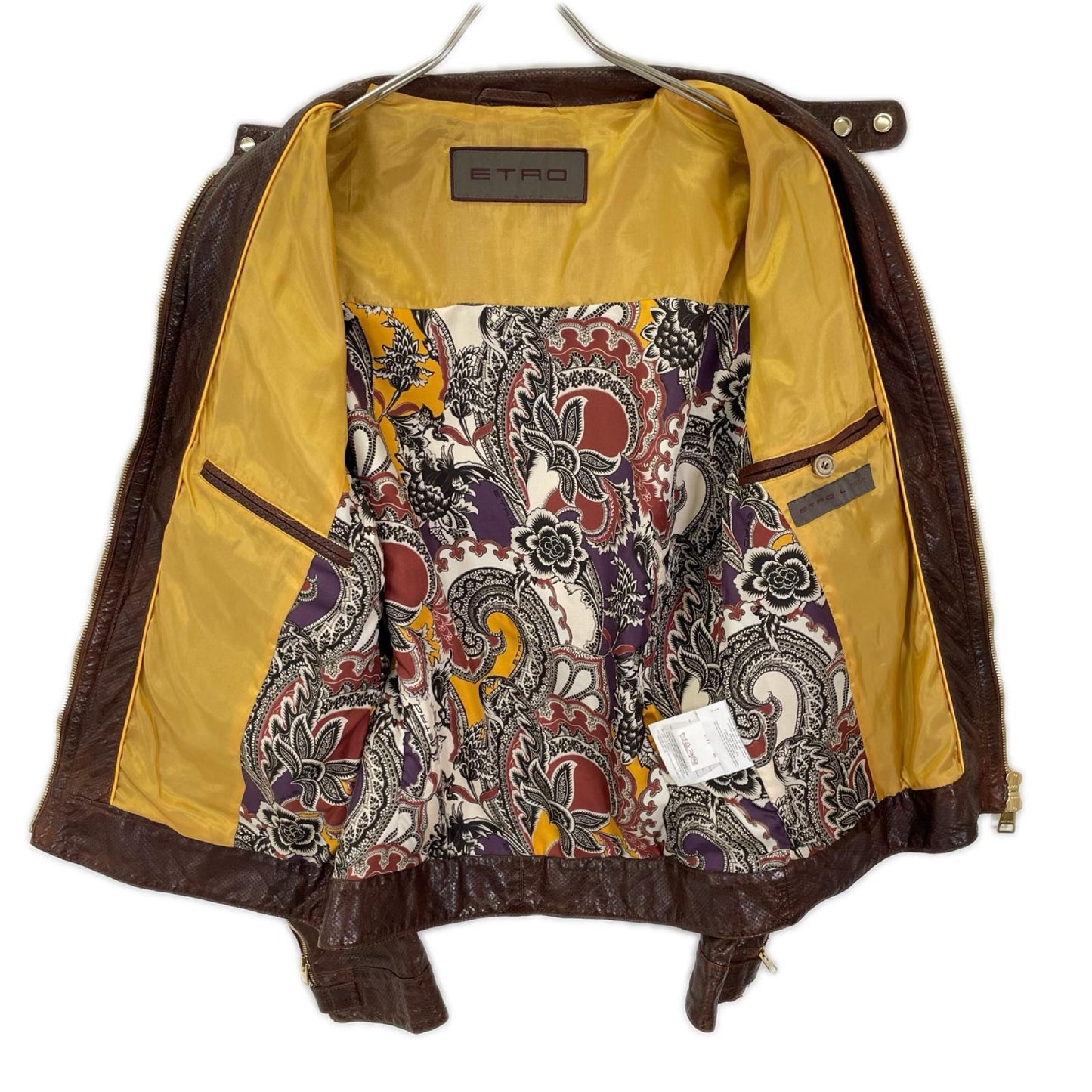 ETRO エトロ ブラウン ラムレザー 裏地ペイズリー シングルライダース ジャケット ジャケット