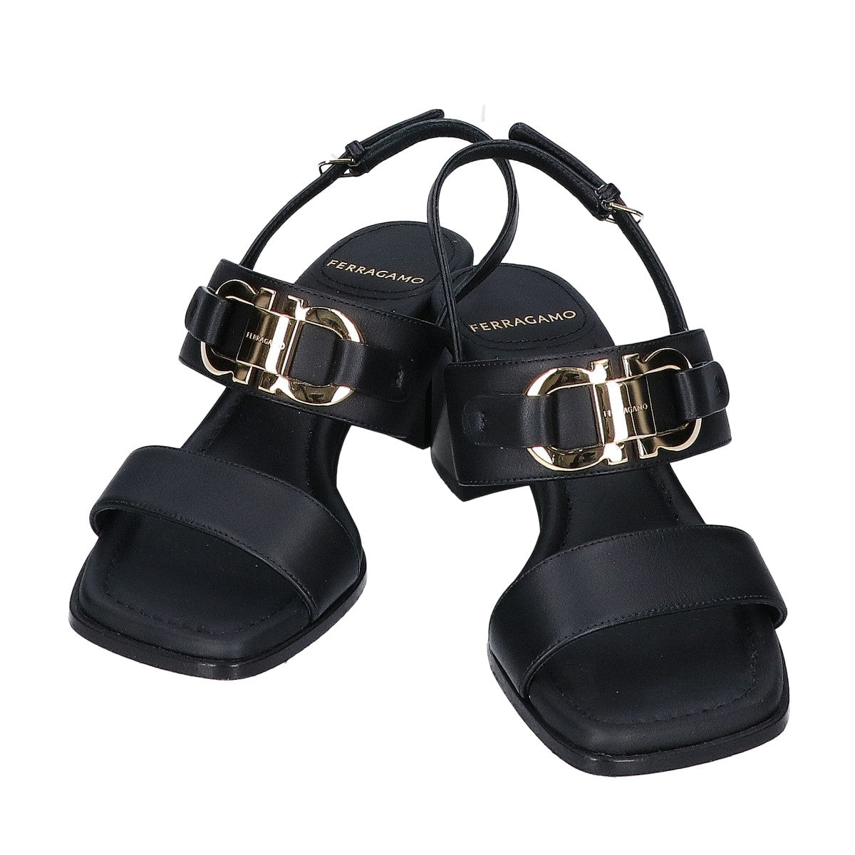 SalvatoreFerragamo サルバトーレフェラガモ ブラック レザー Lou55 ガンチーニ ヒール サンダル シューズ
