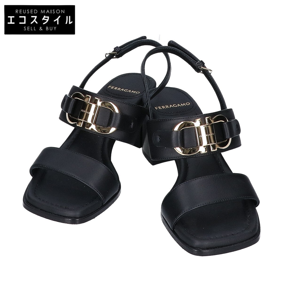 SalvatoreFerragamo サルバトーレフェラガモ ブラック レザー Lou55 ガンチーニ ヒール サンダル シューズ