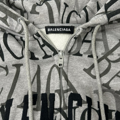 BALENCIAGA バレンシアガ 19年 578129 TEVA5 グレー 総柄 ランダムロゴ ジップアップパーカー トップス
