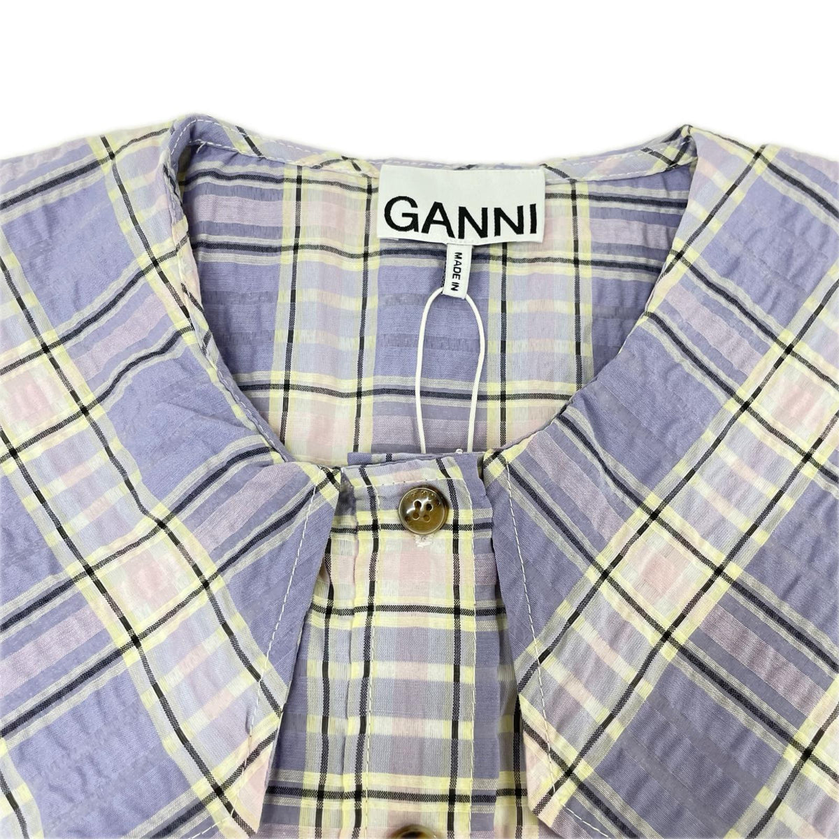 GANNI ガニー F7075 ライトパープル チェック シアサッカー ノースリーブシャツ トップス