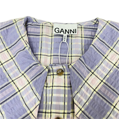 GANNI ガニー F7075 ライトパープル チェック シアサッカー ノースリーブシャツ トップス
