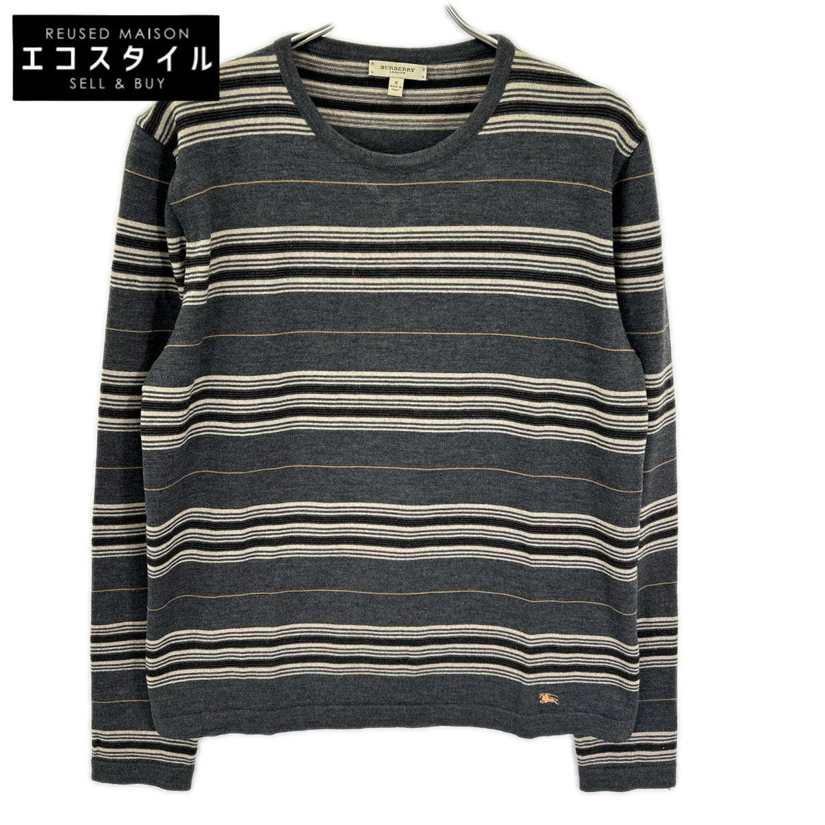 BURBERRY バーバリー グレー×ベージュ ボーダー メリノウール ニットトップス トップス
