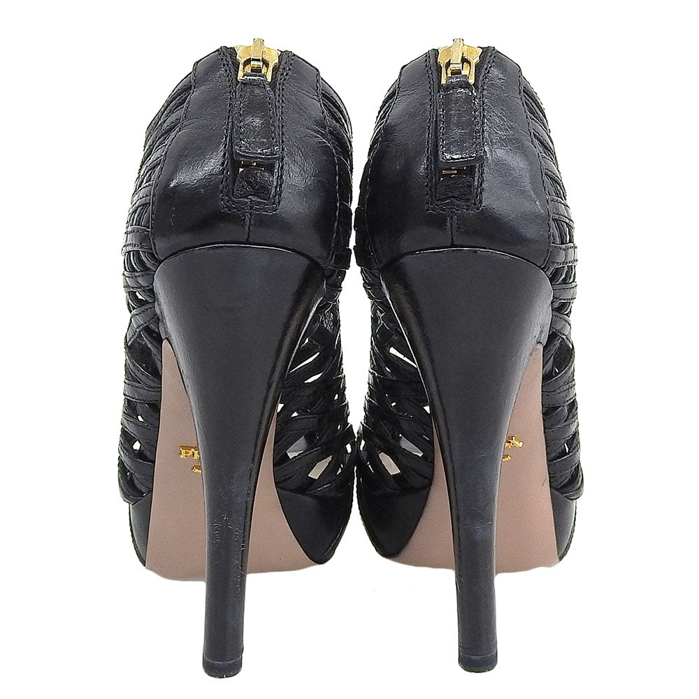 PRADA プラダ レザー カットアウト オープントゥ ヒールサンダル レディース ブラック 38 シューズ