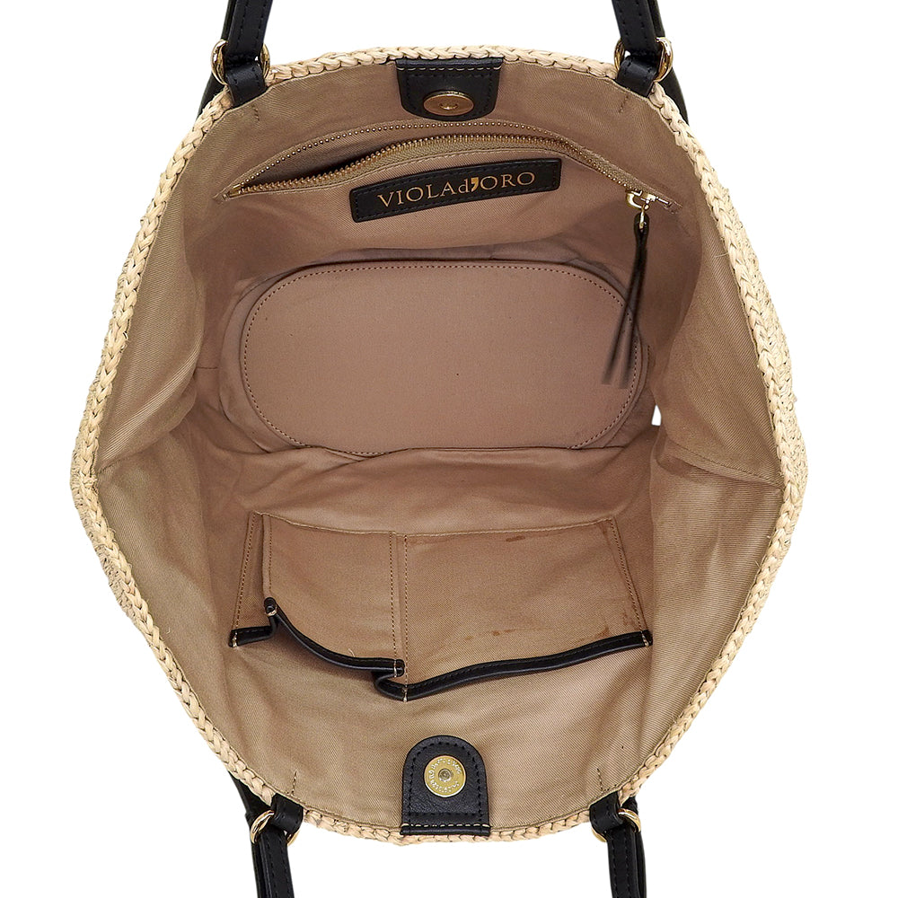 VIOLAd'ORO ヴィオラドーロ 美品 ラフィア かごバッグ 2WAY ハンドル バッグ トートバッグ レディース ベージュ ブラック V-8481 トートバッグ