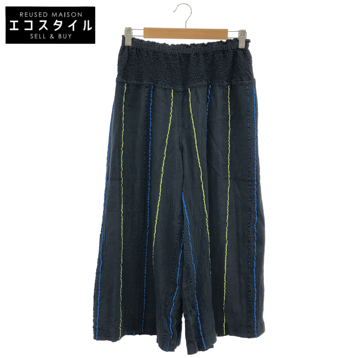 MeISSEYMIYAKE ミーイッセイミヤケ MI02FF504 ネイビー 20SS ストライプ シワプリーツ イージーパンツ ボトムス