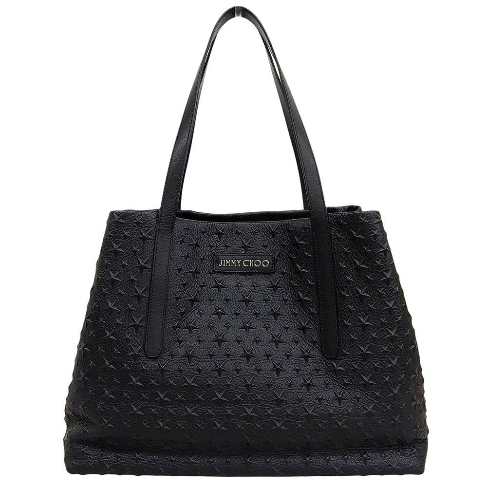 JIMMY CHOO ジミーチュウ 美品 PIMLICOS EMG レザー 裏地カモフラ スター エンボス プムリコ トートバッグ レディース ブラック トートバッグ