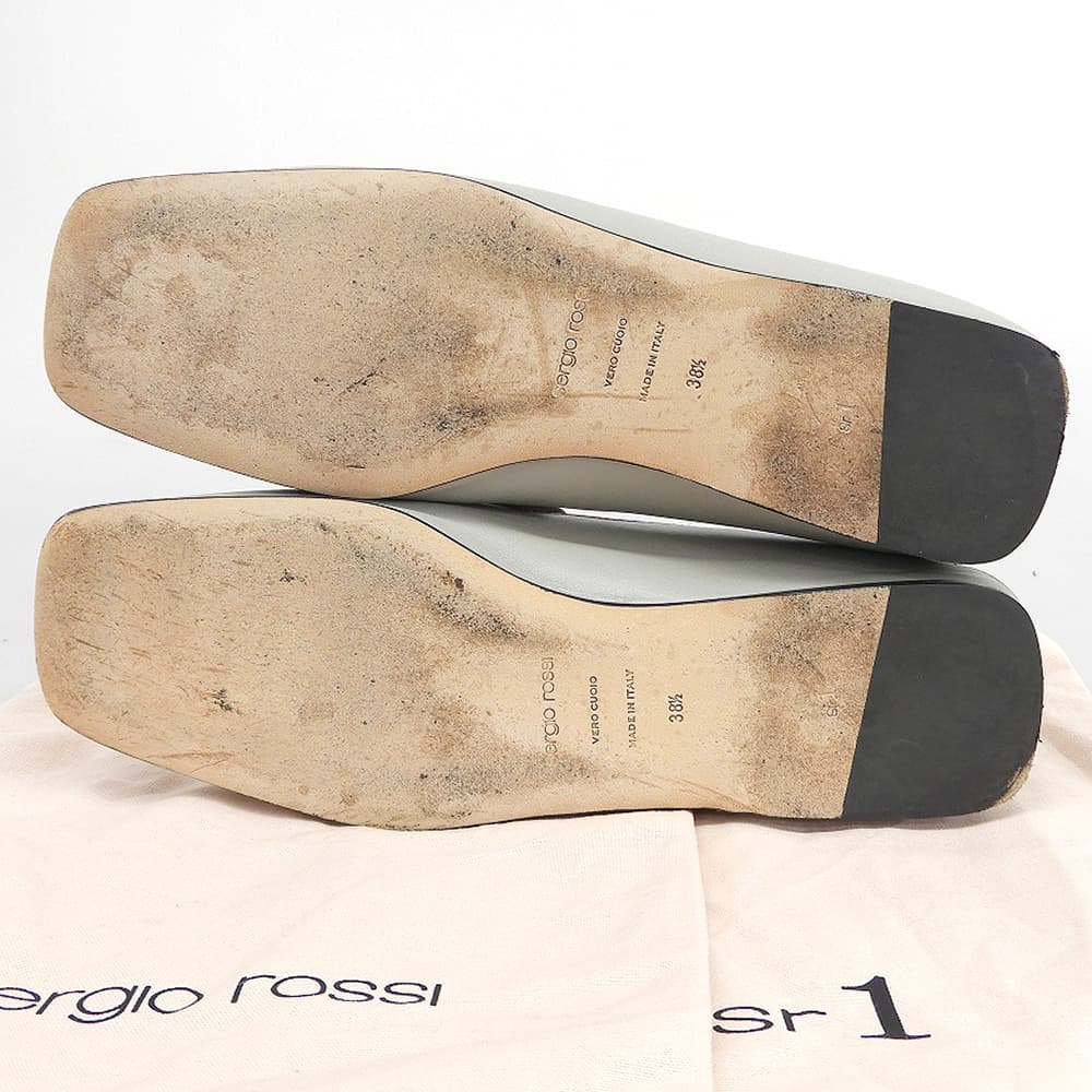 Sergio Rossi セルジオロッシ 美品 レザー スクエアトゥ フラット プレート ローファー シューズ レディース グレー 38 1/2 A779900 シューズ