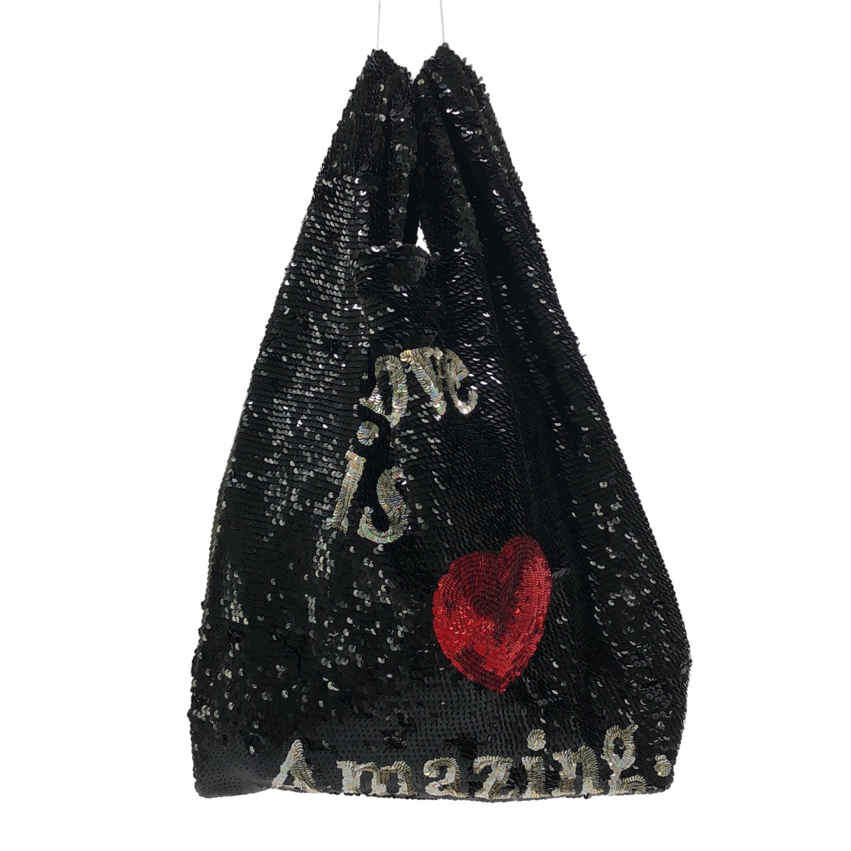 ブラック LOVE IS AMAZING スパンコール トートバッグ ハンドバッグ