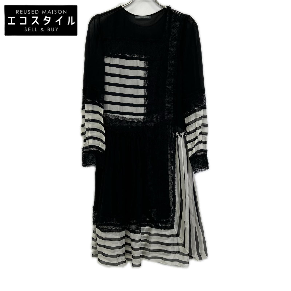 ALBERTA FERRETTI アルベルタ フェレッティ A04121628 ブラック レース ストライプ シルク ワンピース ワンピース
