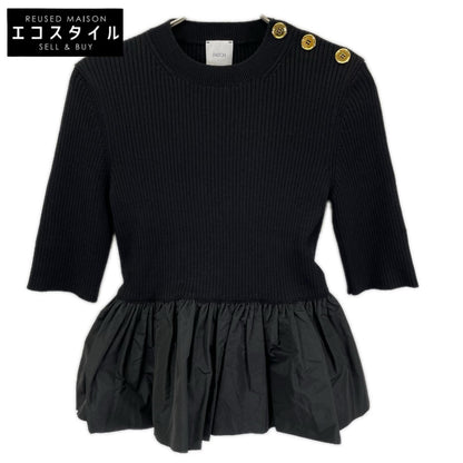 PATOU パトゥ KN2738040999B ブラック ウール&ファイユ ラッフルヘム リブ セーター トップス