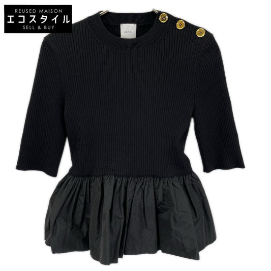 PATOU パトゥ KN2738040999B ブラック ウール&ファイユ ラッフルヘム リブ セーター トップス