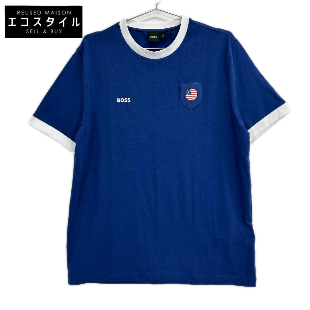 BOSS ボス ブルー コットン ストレッチ 国旗 アメリカカラー Tシャツ トップス