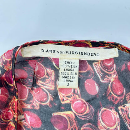 DIANEVON FURSTENBERG ダイアンフォンファステンバーグ レッド×ブラック リップ柄 シアー シルク ワンピース ワンピース