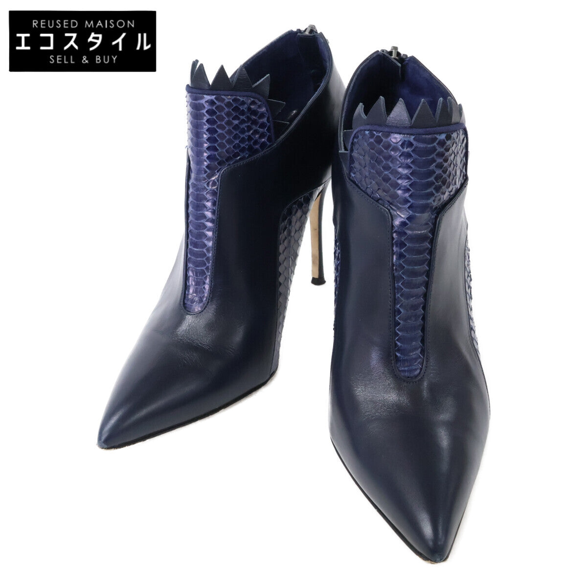 Leather/Python Pointed Toe Heel Bootie Shoes 38 Women's