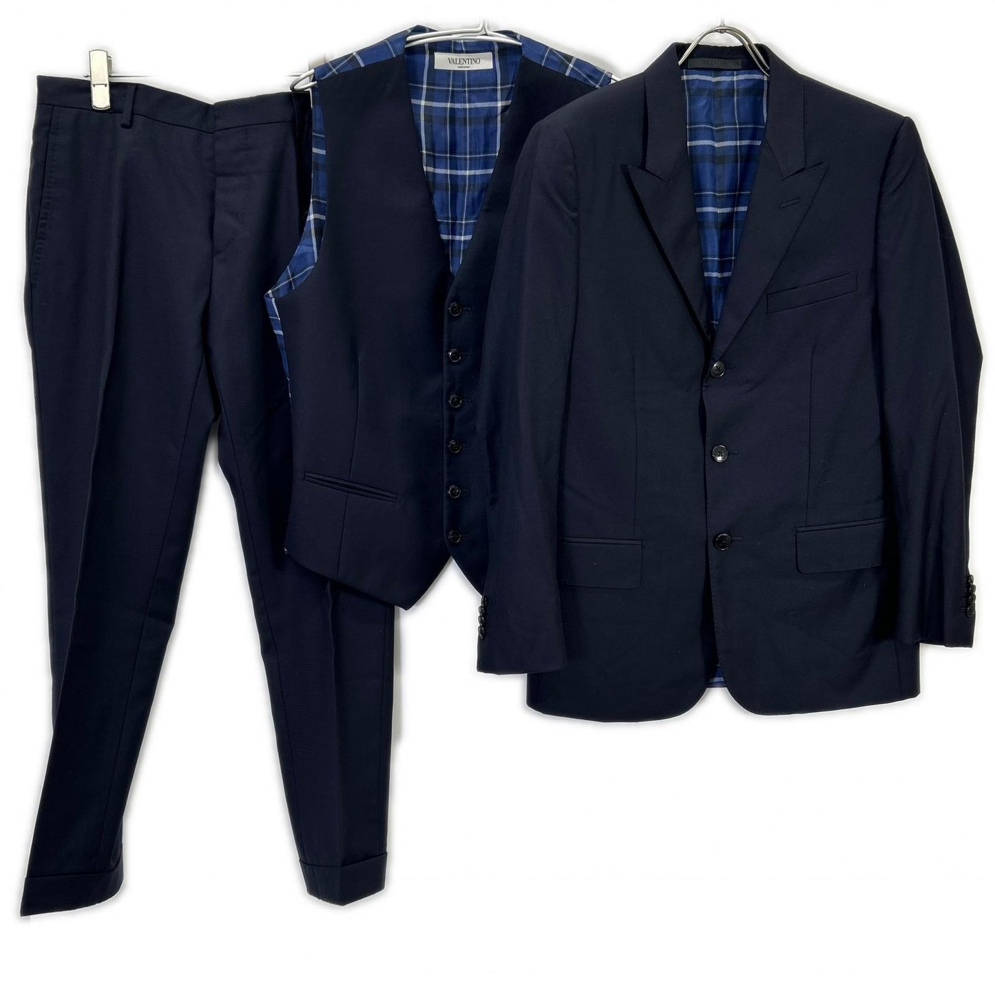 VALENTINO Navy Check Lining Peaked Lapel 3-Piece Suit Set-up