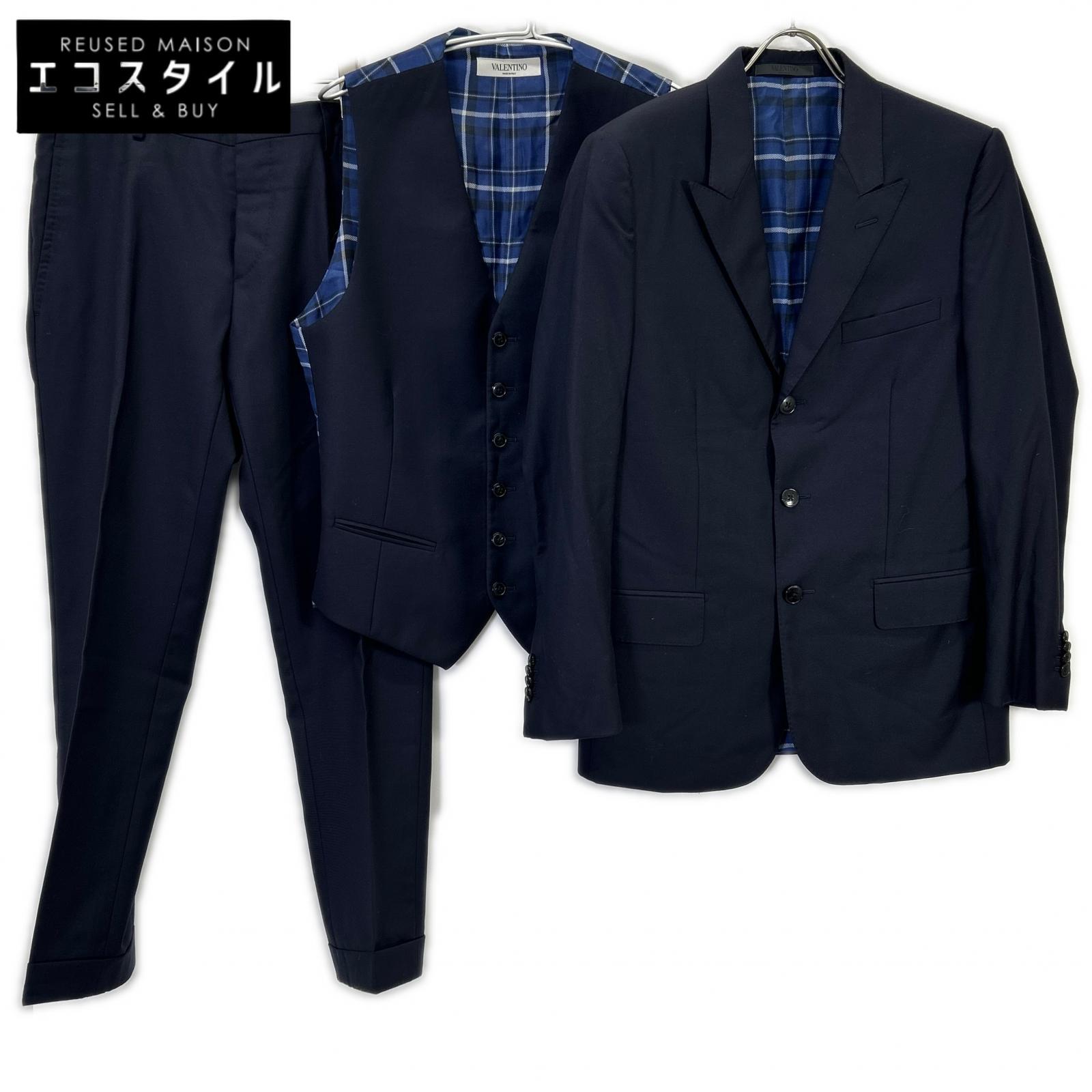 VALENTINO Navy Check Lining Peaked Lapel 3-Piece Suit Set-up