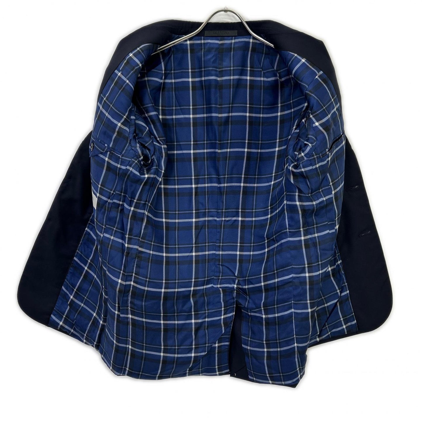 VALENTINO Navy Check Lining Peaked Lapel 3-Piece Suit Set-up