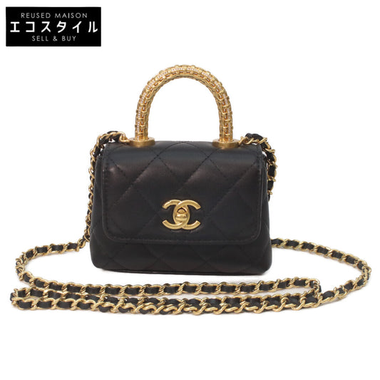 CHANEL シャネル AP4245 黒 ラムスキン ゴールドトップハンドル フラップバッグ マイクロ ココハンドル ショルダーバッグ