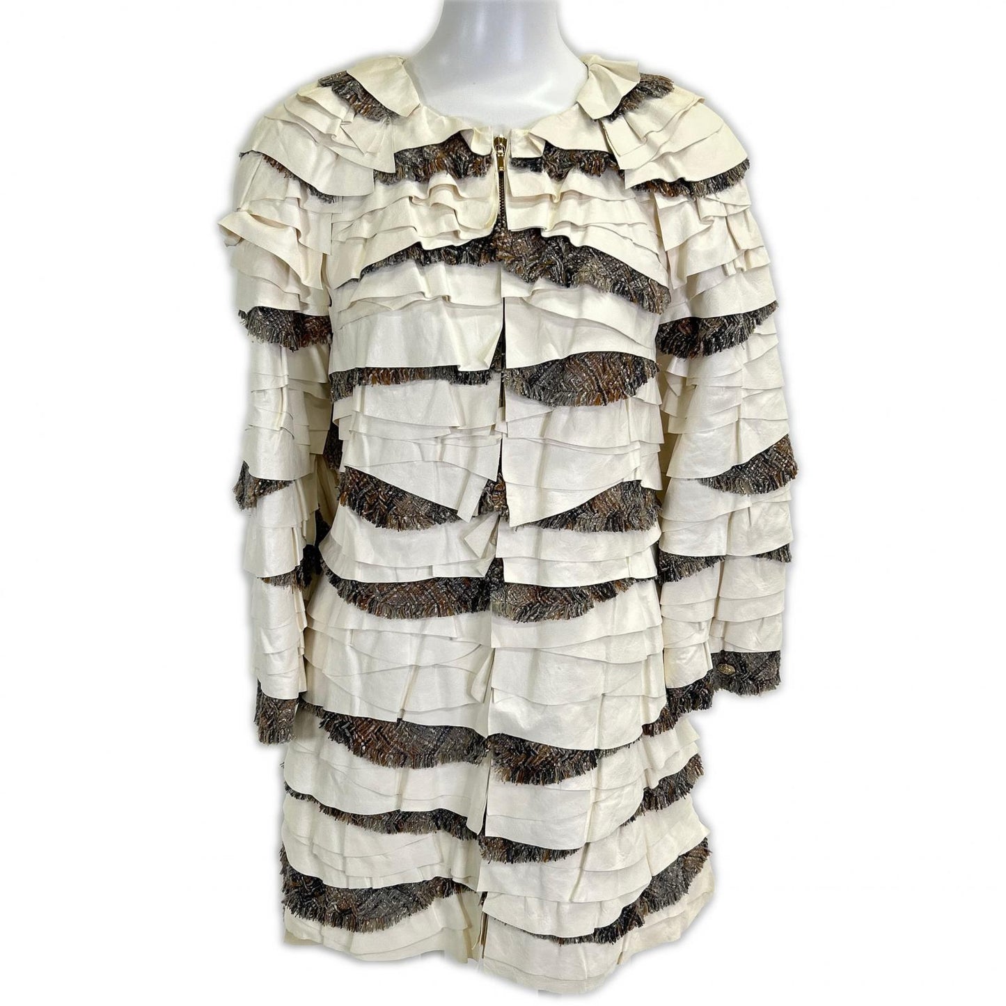 P57937 C00280 Leather Trim Frill Tweed Coat 36 Women's