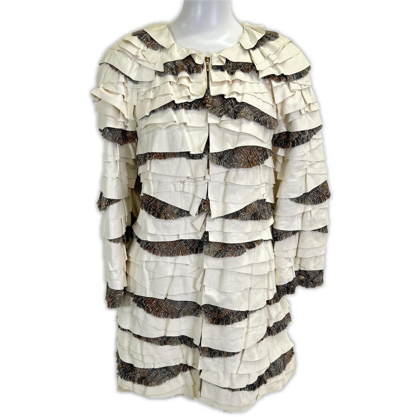 P57937 C00280 Leather Trim Frill Tweed Coat 36 Women's