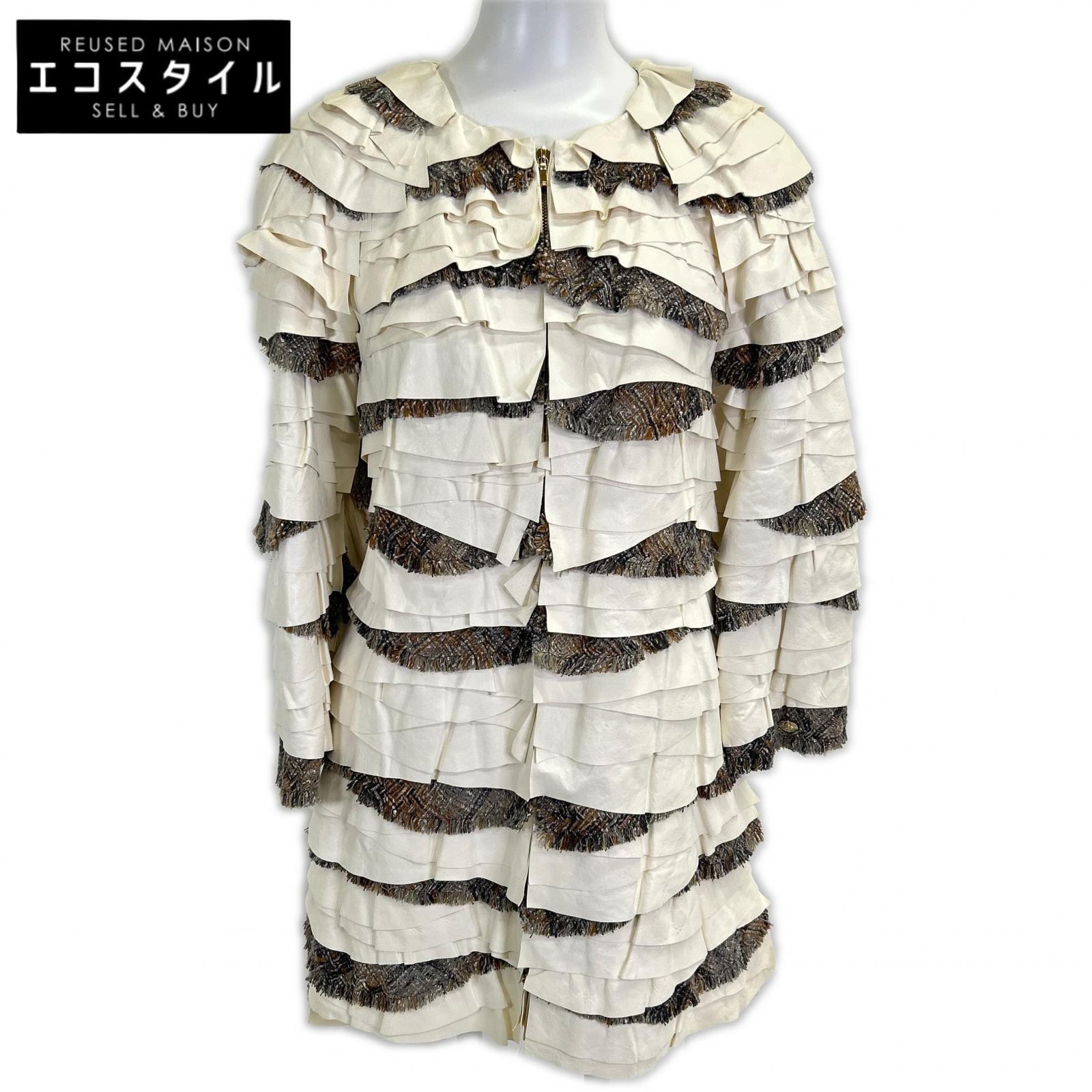 P57937 C00280 Leather Trim Frill Tweed Coat 36 Women's