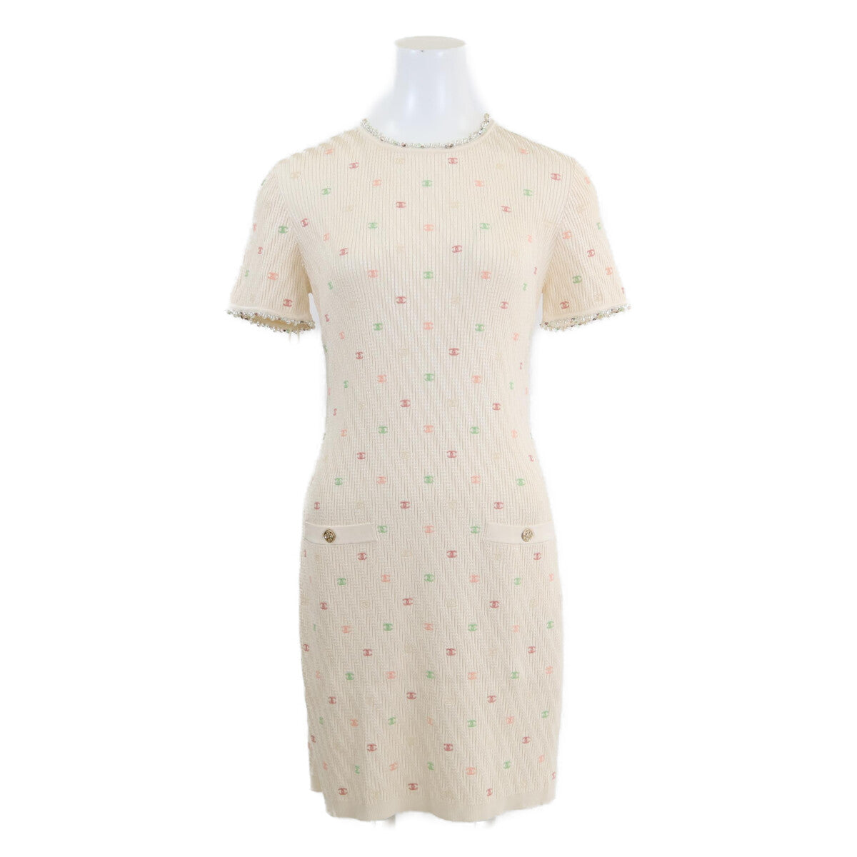 CHANEL P75013 K10761 Coco Mark Pearl Embellished Silk Knit Dress