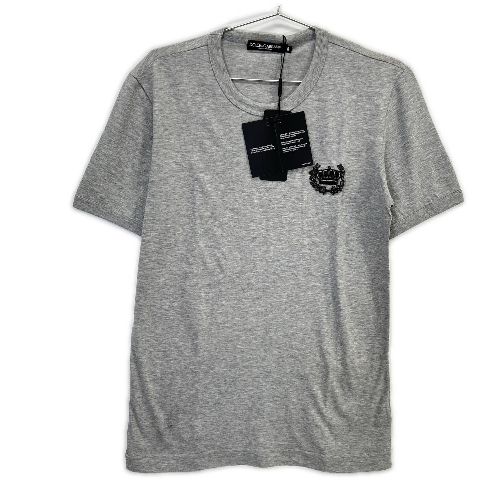 DOLCE&GABBANA ドルチェアンドガッバーナ G8GH2Z グレー クラウンビーズ装飾 コットン クルーネックTシャツ トップス