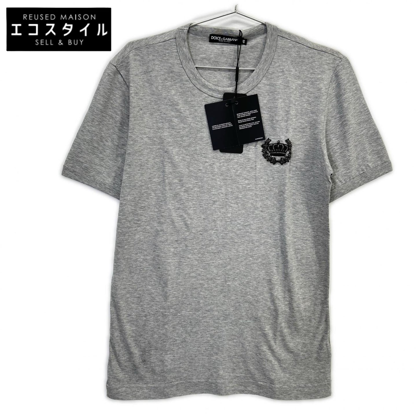 DOLCE&GABBANA ドルチェアンドガッバーナ G8GH2Z グレー クラウンビーズ装飾 コットン クルーネックTシャツ トップス