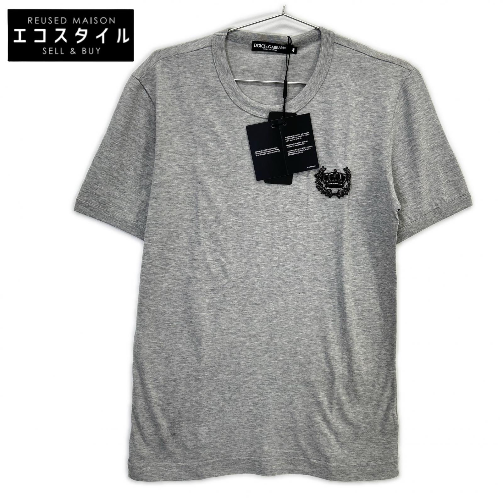 DOLCE&GABBANA ドルチェアンドガッバーナ G8GH2Z グレー クラウンビーズ装飾 コットン クルーネックTシャツ トップス