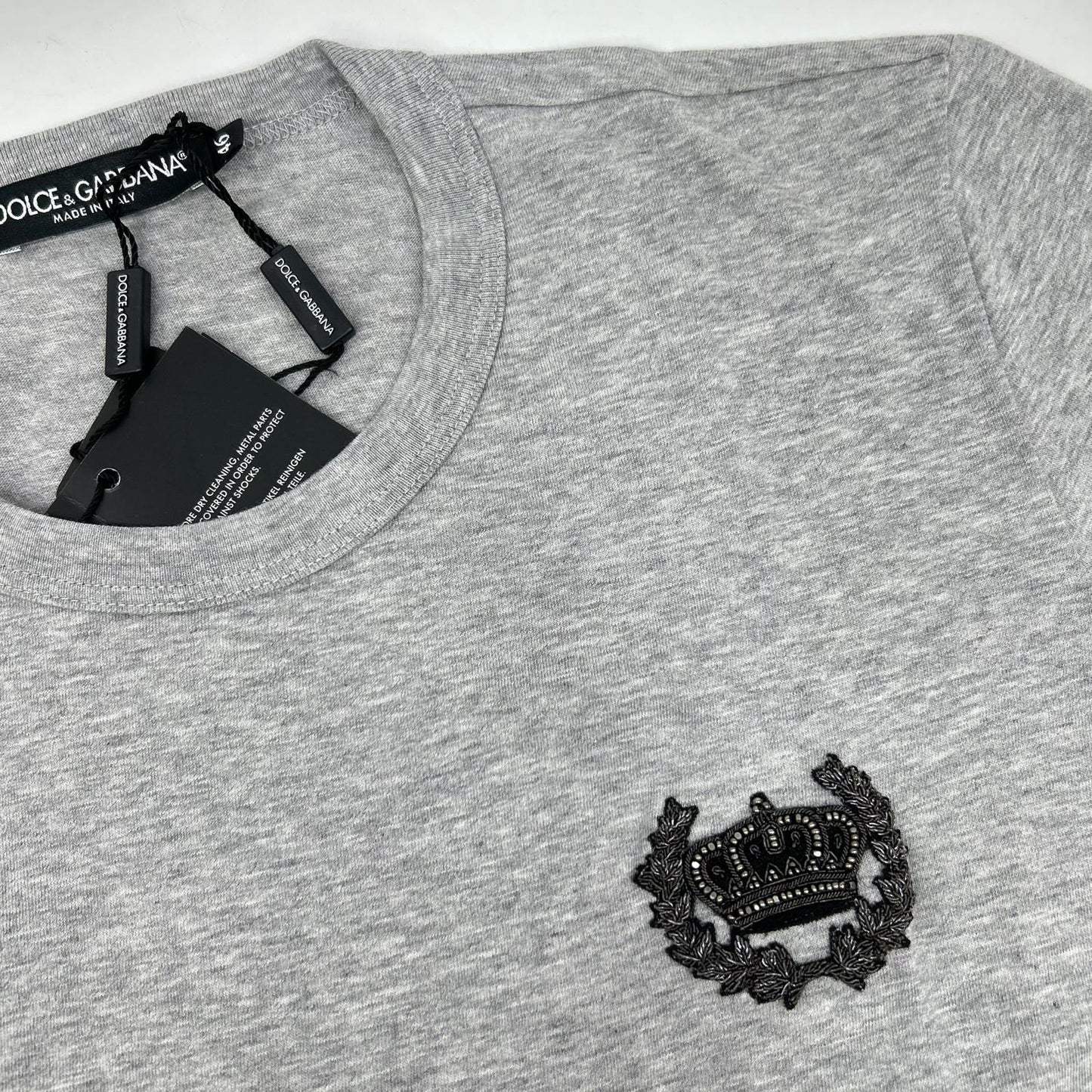 DOLCE&GABBANA ドルチェアンドガッバーナ G8GH2Z グレー クラウンビーズ装飾 コットン クルーネックTシャツ トップス