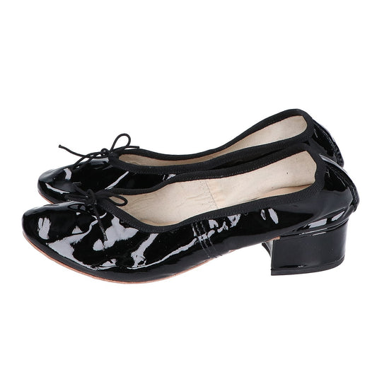 【Like New】Patent Leather Chunky Heel Ribbon Motif Ballet Pumps Shoes 39 Women's