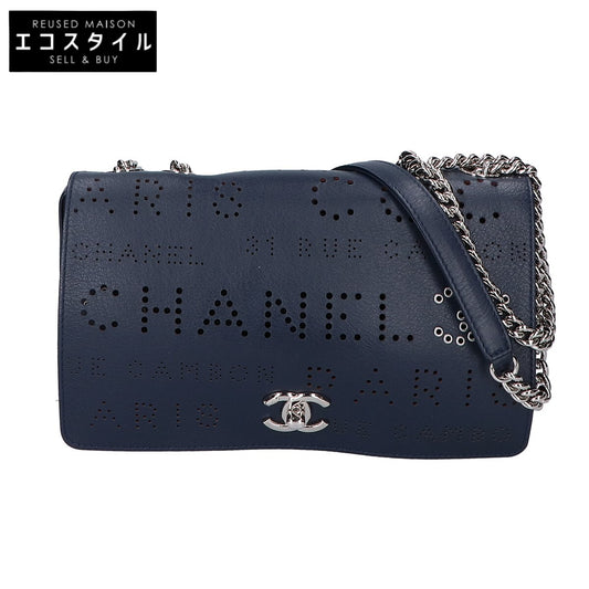 CHANEL シャネル A50299 27番 パンチングロゴ シングルフラップチェーンバッグ ネイビー ショルダーバッグ