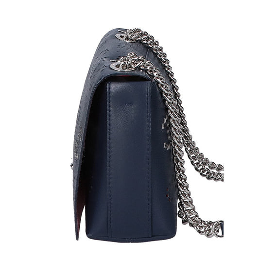 CHANEL シャネル A50299 27番 パンチングロゴ シングルフラップチェーンバッグ ネイビー ショルダーバッグ