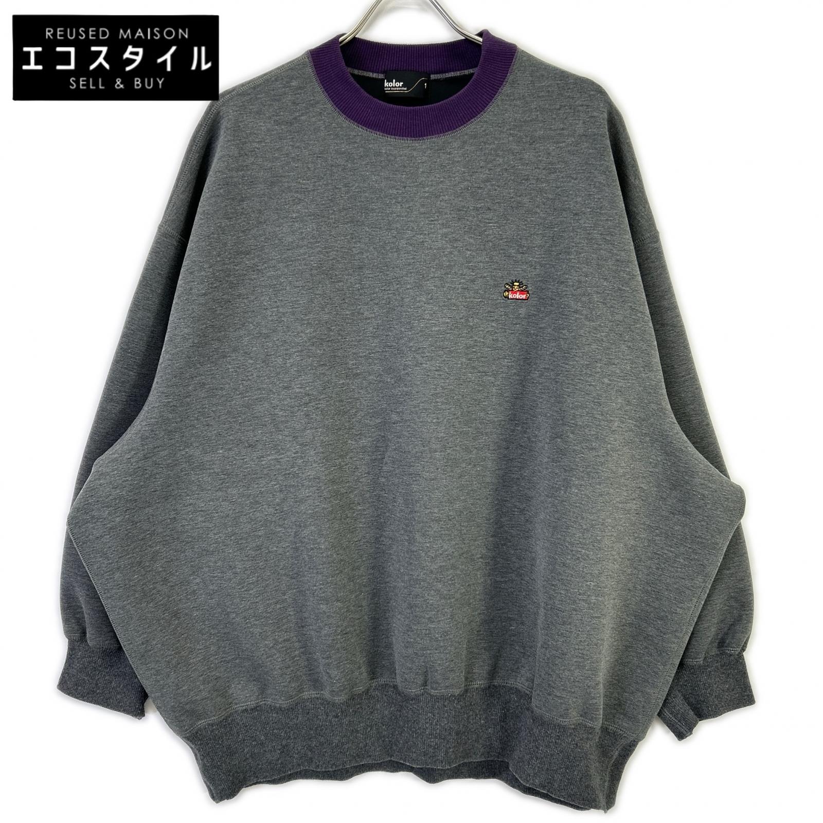 kolor カラー グレー×パープル 21WCMーT12202S ロゴ刺繍 ダンボールクルーネックスウェットシャツ トップス